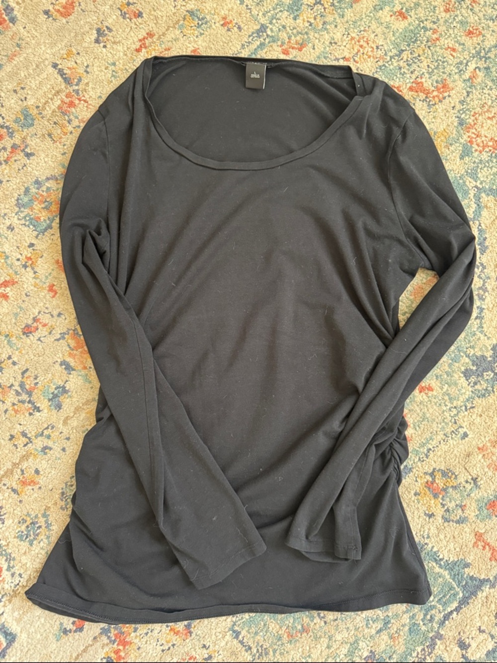 Ann Taylor Black Long Sleeve Scoop Neck Top With Side Ruching